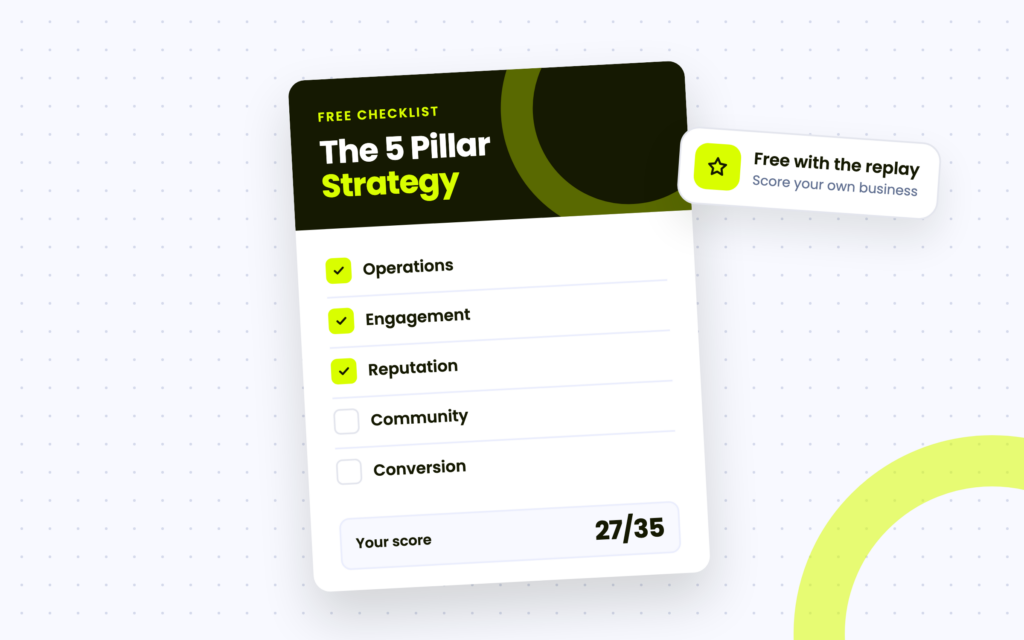 Illustration of the free 5 Pillar Strategy checklist covering operations, engagement, reputation, community and conversion