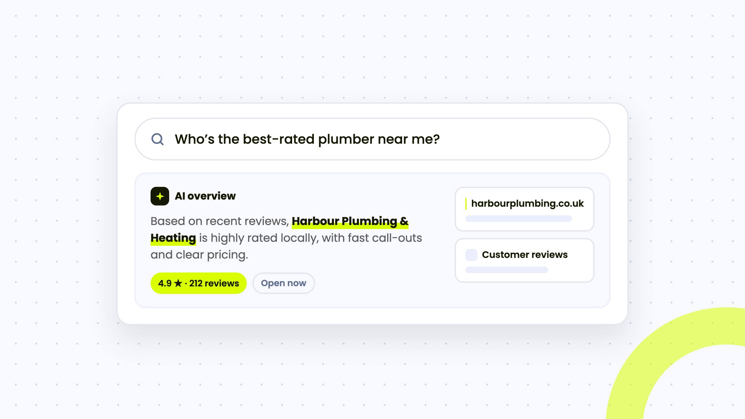 Illustration of an AI search overview recommending a highly rated local business