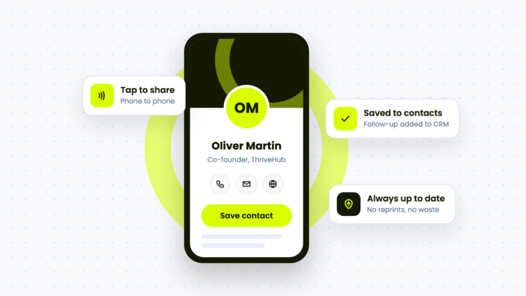 Illustration of a digital business card on a phone, shared with a tap and saved to contacts