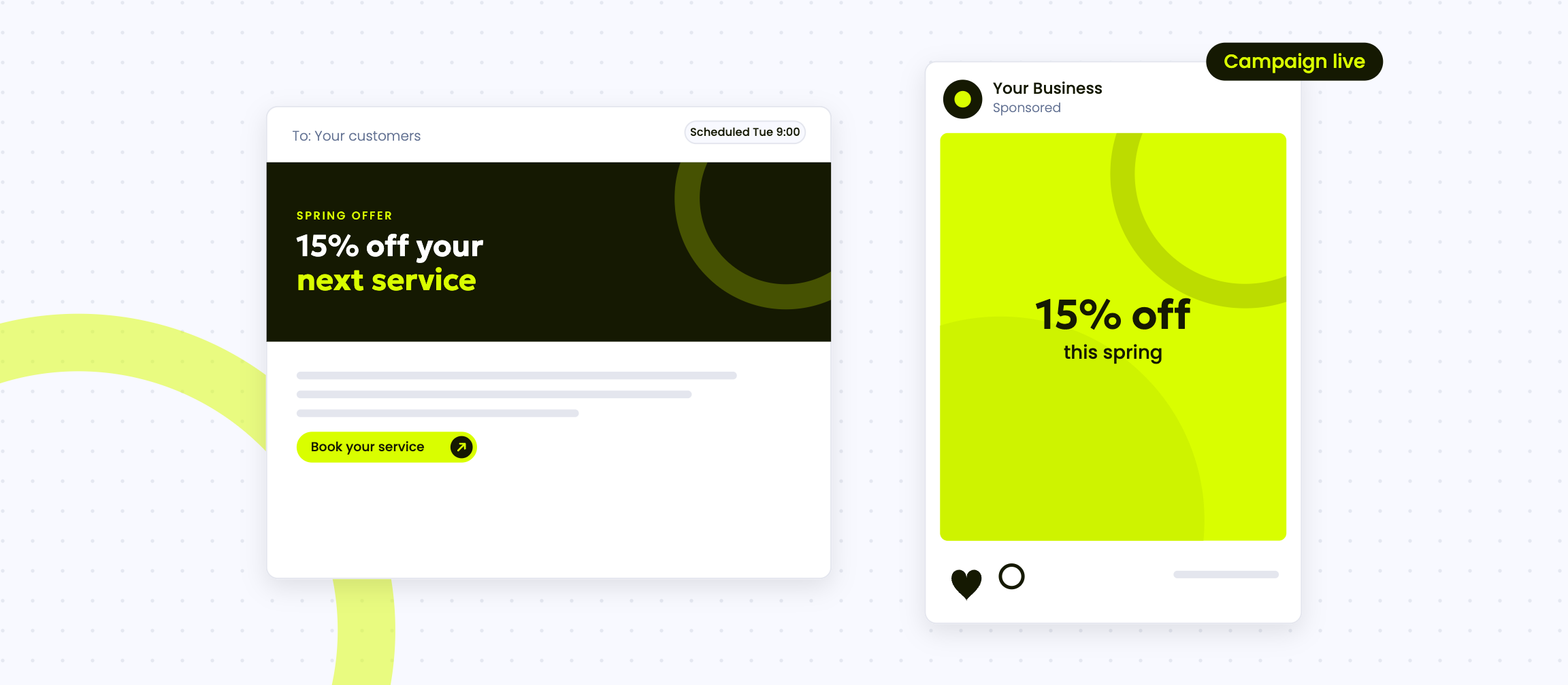 Illustration of an email campaign and a social media ad for a spring offer