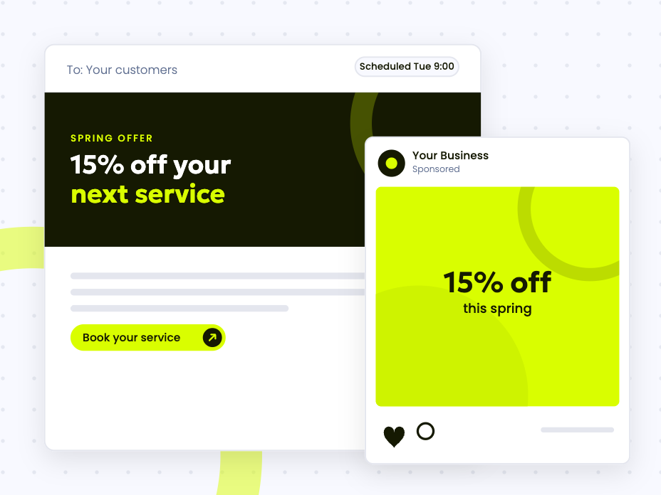 Illustration of an email campaign and a social media ad for a spring offer