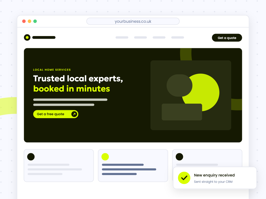 Illustration of a small business website with a new enquiry sent to the CRM